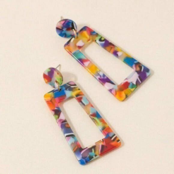 New Boutique Rainbow Multicolor Retro Style Geo Statement Pair Of Earrings Boho‎ - Picture 4 of 4
